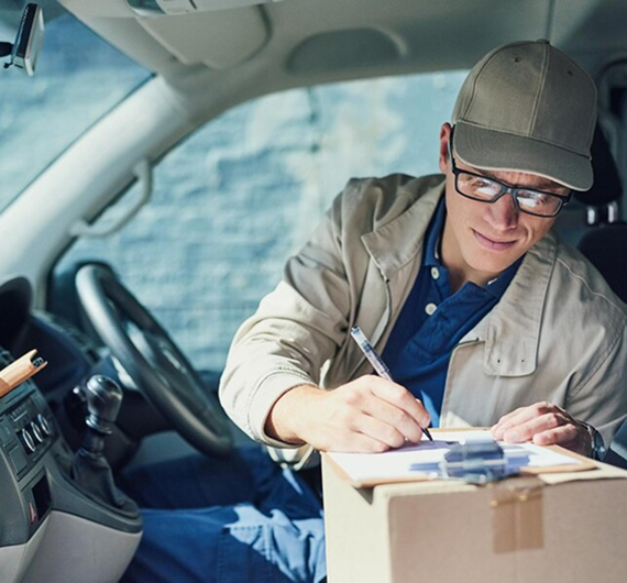 writing-courier-service-delivery-man-clipboard-with-check-order-shipping-vehicle-male-person-employee-working-as-driver-with-boxes-transport-freight-ecommerce-logistics content-image